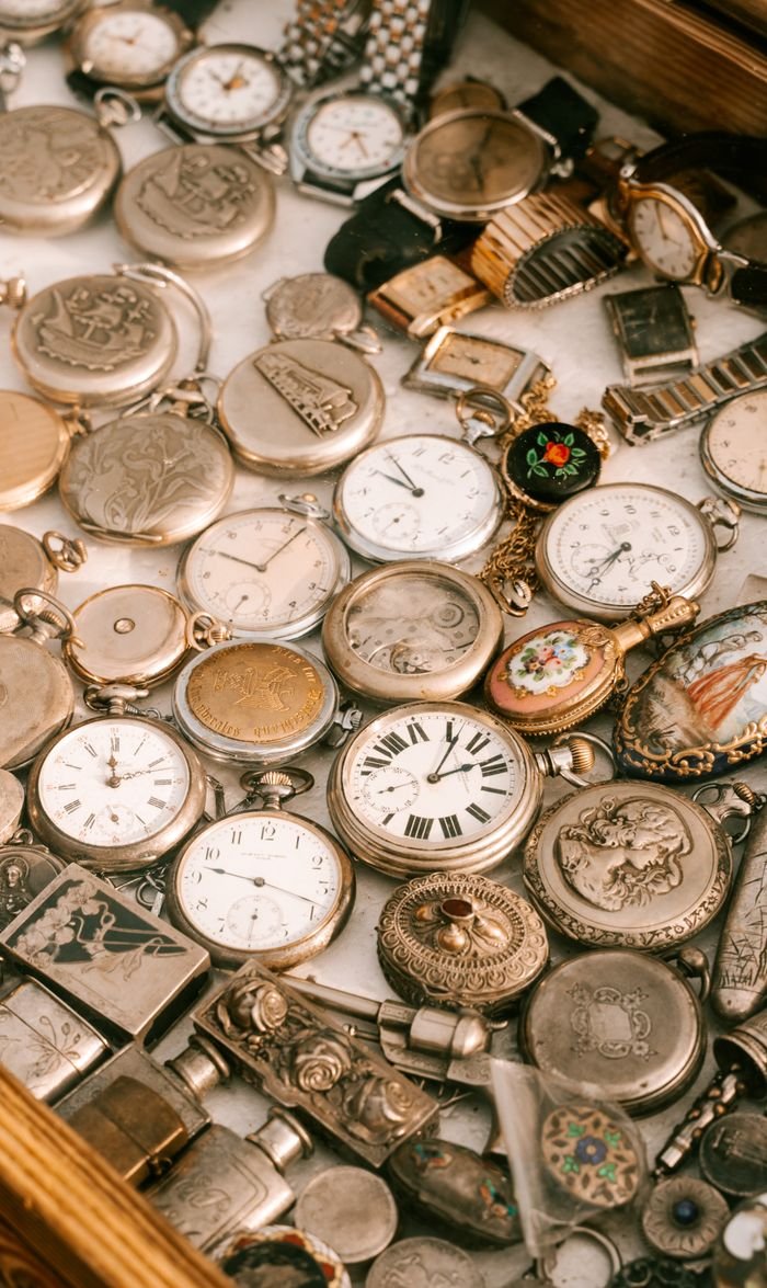 Home - Offiicial Close-up of an antique watch collection displayed at a market in Sofia, Bulgaria.